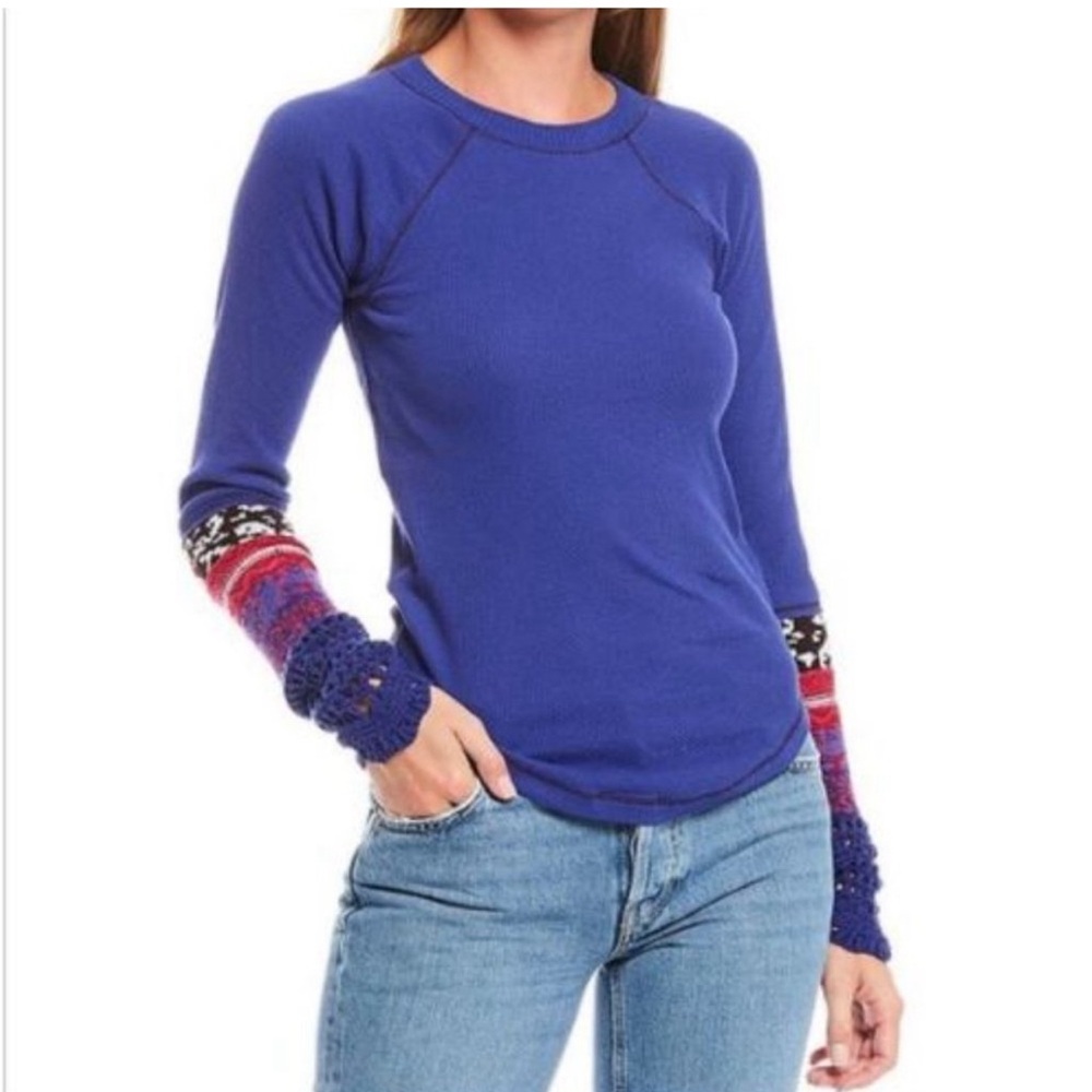 Free People Super Nova Combo Henley Mixed/ crochet Cuff Top XS